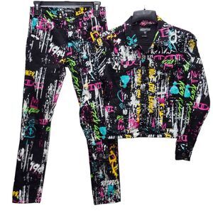 Encrypted Urban Street Graffiti Denim Pants Trucker Jacket Set Youth M 10-12